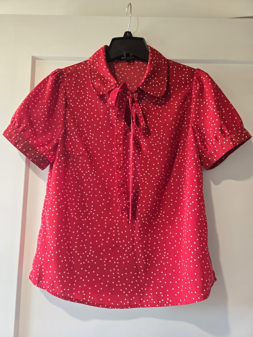 Allegra K Red Polka Dot Tie-Neck Blouse